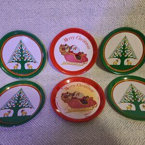 Vintage Set of 6 metal Christmas coasters- trees and Santa